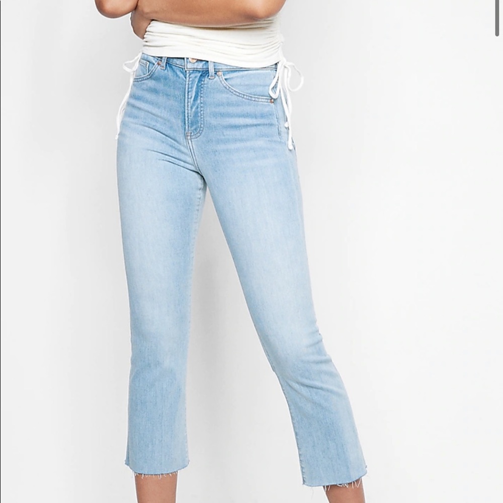 High Waisted Light Wash Cropped Flare Jeans